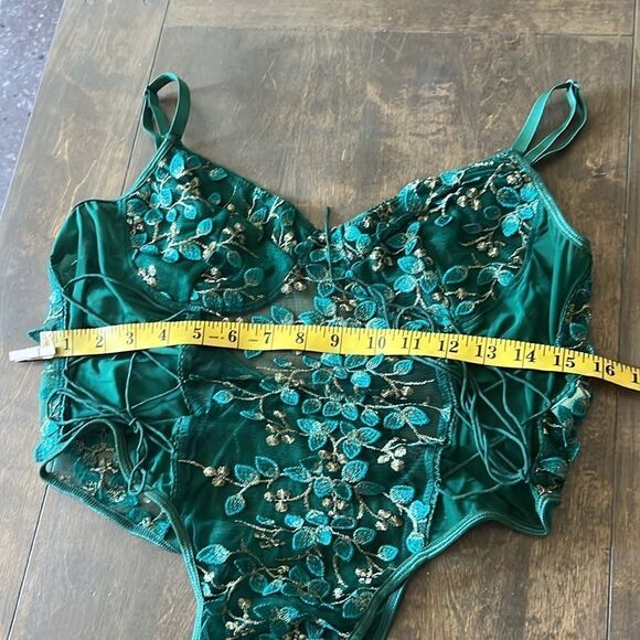 Mesh Sheer Lace-Up Embroidered Teddy Lingerie Snap Crotch Bodysuit - Picture 8 of 14